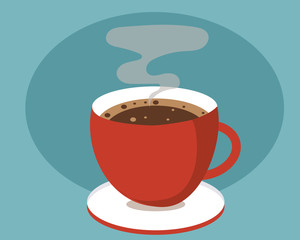 Black fresh hot coffee in red cup with smoke, cartoon vector style for your design.