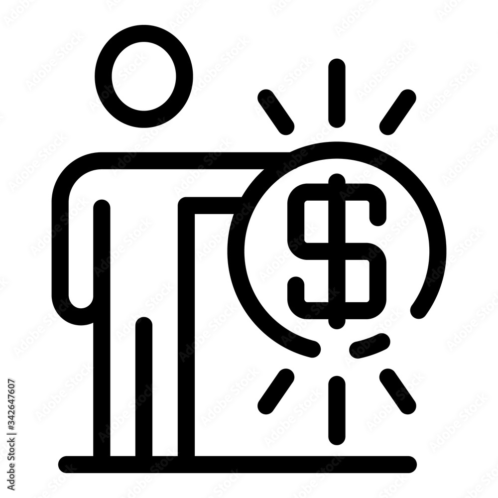 Poster man holding a coin icon. outline man holding a coin vector icon for web design isolated on white bac