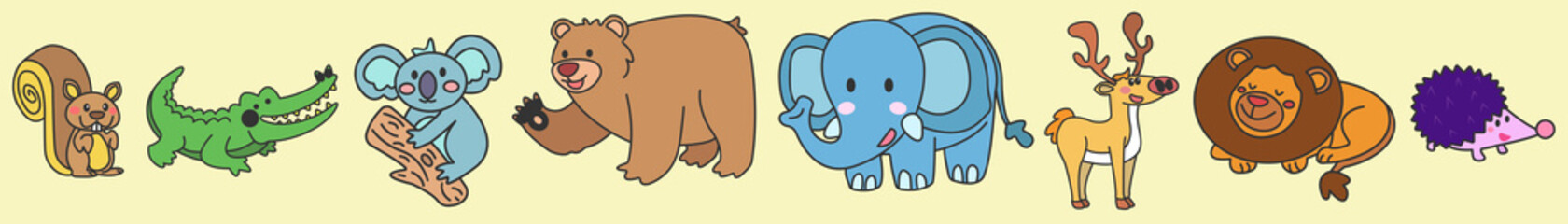 Cartoon cute isolated animals set illustration in vector