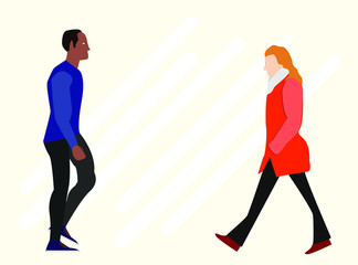 Black Male white female walking Flat vector Icon Illustration