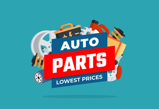 Different car parts. Various auto accessories. Concept for shop. Vector illustration in flat style