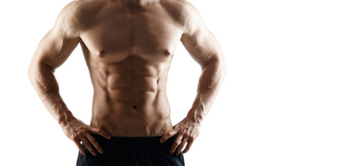 Strong, fit and sporty bodybuilder man over white background.