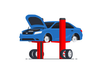 Car lifting isolated on a white background. Car without wheels and open hood inspection process. Automobile in auto workshop. Vector illustration in flat style.