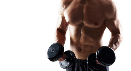Strong, fit and sporty bodybuilder man over white background.