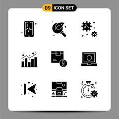 Mobile Interface Solid Glyph Set of 9 Pictograms of box, statistics, astronaut, shopping, chart