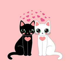Two cats black and white in love on a pink background. Valentine's Day. Vectonic illusion