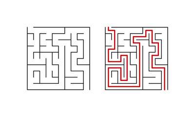 Labyrinth maze game for children. Simple puzzle with solution. Black white and red. Vector illustration.