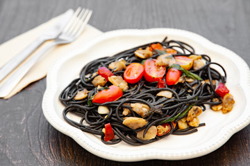 Black pasta Spaghetti alle Vongole Seafood pasta with Clams