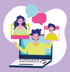 education online, teaching laptop students characters talking