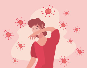 Man sneezing and coronavirus bacterium vector design