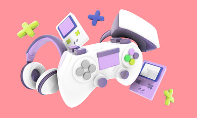 Colorful Video game controller, headphones and game console background illustration, render