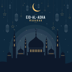 Abstract religious Happy Eid Al Adha Mubarak Islamic vector illustration with mosques, lights, moon, and stars. Mosque silhouette in the night sky and abstract light.