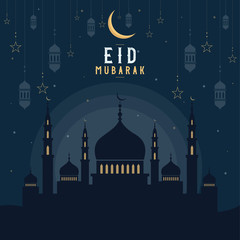 Abstract religious Eid Mubarak Islamic vector illustration with mosques, lights, moon, and stars. Mosque silhouette in the night sky and abstract light.