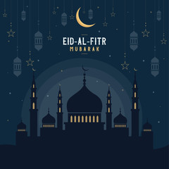 Abstract religious Happy Eid Al Fitr Mubarak Islamic vector illustration with mosques, lights, moon, and stars. Mosque silhouette in the night sky and abstract light.