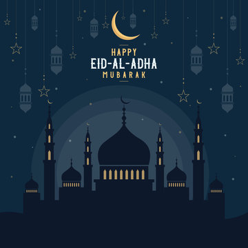 Abstract religious Happy Eid Al Adha Mubarak Islamic vector illustration with mosques, lights, moon, and stars. Mosque silhouette in the night sky and abstract light.