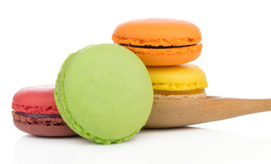 Sweet and colourful french macaroons on white background, Dessert.