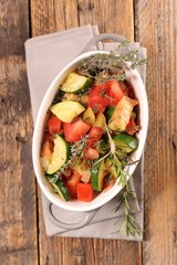 ratatouille, cooked courgette, eggplant, tomato and bell pepper