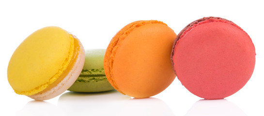 Sweet and colourful french macaroons on white background, Dessert.