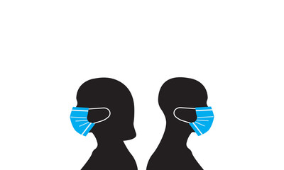 silhouette of a girl and a man with a medical mask on white background. vector flat design.