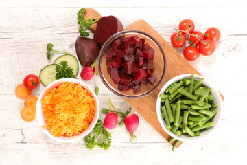assorted vegetable salad- carrot, beetroot, radish and bean- copy space
