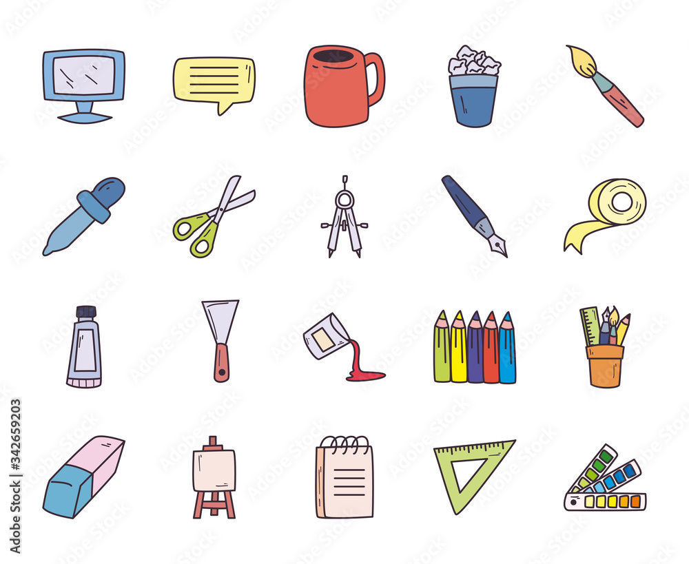Poster creativity and design fill style icon set vector design