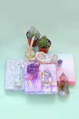 Gemstones mineral and succulents. Magic Rock for Crystal Ritual, Witchcraft, Relax