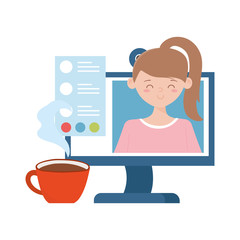 stay at home, computer coffee cup, girl on screen communication