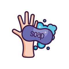 hand with soap bar with foam, line color style