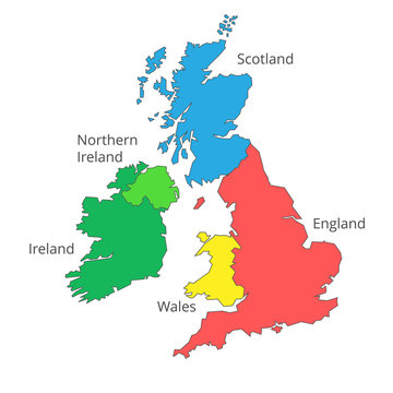 Vector isolated the UK map of Great Britain and Northern Ireland. Silhouette map of Scotland, England, Wales, Northern Ireland, Ireland. The United Kingdom map with names of countries.