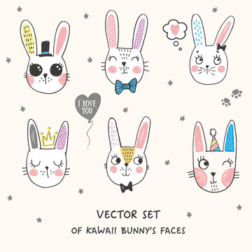 big kawaii set of doodle cute sweet bunnies, sketch characters, hand drawn illustration with pen, clipart collection, faces with different emotions, easter bunny, emoticons, smileys, stars, balloon