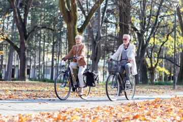 Obraz premium Mature fit couple ride in bicycles thru public park