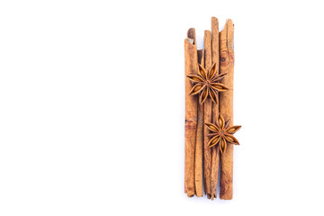 cinnamon and star anise on white background.
