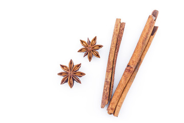 cinnamon and star anise on white background.