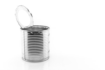 open tin can recycle protect environment on white background.