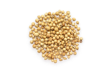 coriander seeds top view on white background.