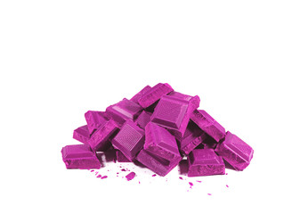 Pop Art Style Vivid Purple Colored Pile of Chocolate Chunks Isolated on White Background