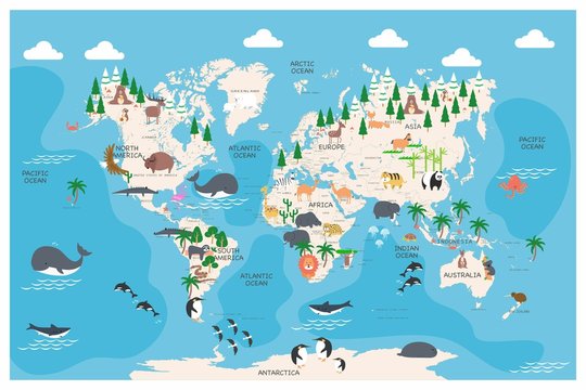The world map with cartoon animals for kids, nature, discovery and continent name, ocean name, countries name. vector Illustration.