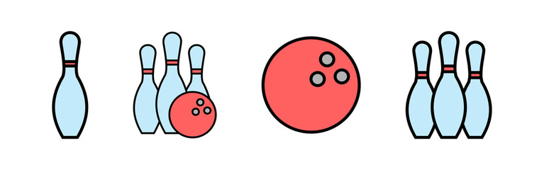 Bowling game Pin Icons set. Bowling icon, ball and pin