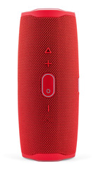 Red Portable Wireless Speaker Isolated on White Background. Mobile Loudspeaker Red Color with...