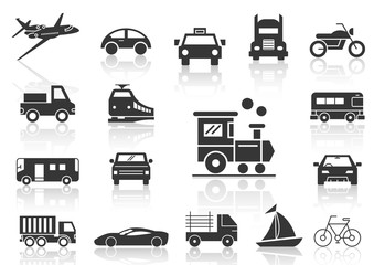 solid icons set, transportation, Airplane, Car, Truck, Bus, Train, Bicycle,Car front,Motorcycle,Pickup truck,Boat and shadow,vector illustrations