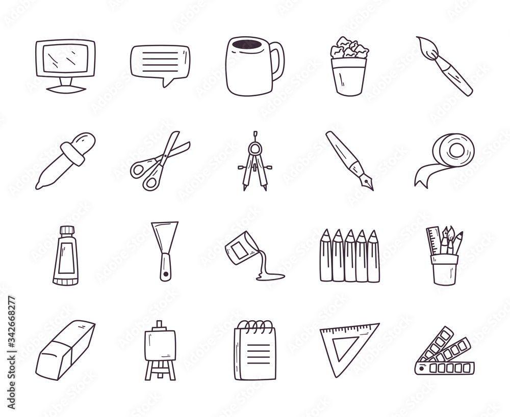 Poster creativity and design line style icon set vector design