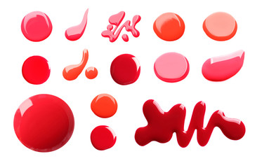 Set of different nail polishes on white background
