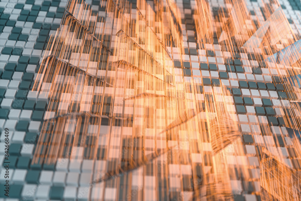 Poster abstract glowing lines with dense cube background, 3d rendering.
