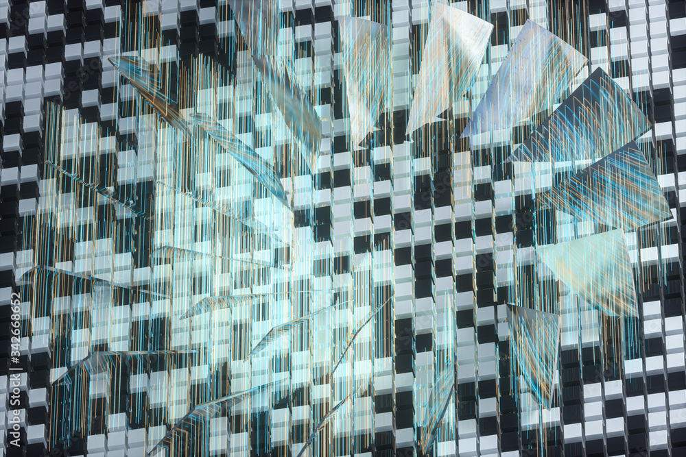 Poster abstract glowing lines with dense cube background, 3d rendering.