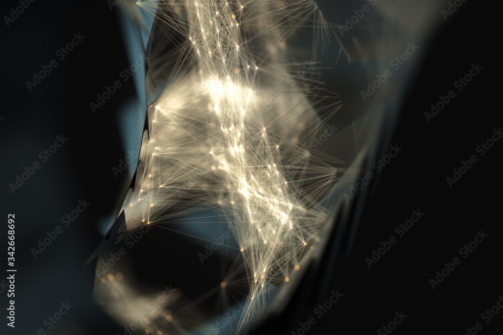 Poster glowing lines with shiny particles, dark geometry background, 3d rendering.