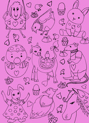 Set drawing of domestic and wild animals. color background. seamless pattern