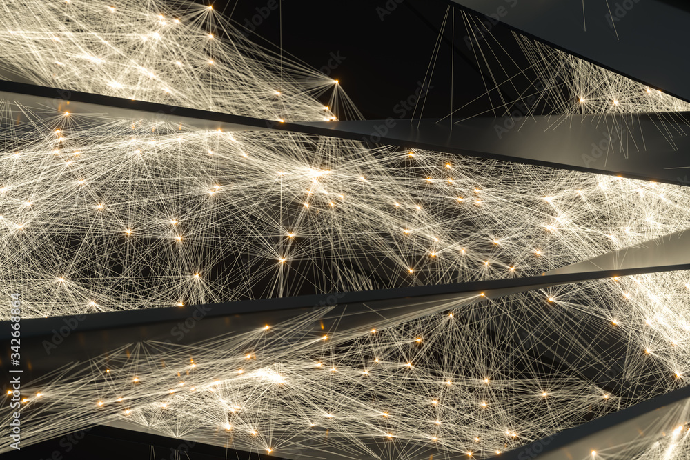 Poster glowing lines with shiny particles, dark geometry background, 3d rendering.