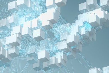 Abstract white cubes with blue glowing lines, 3d rendering.