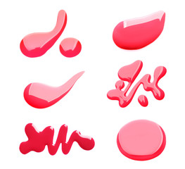 Set of different nail polishes on white background