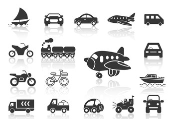solid icons set, transportation, Airplane, Car, Truck, Bus, Train, Bicycle,Car front,Motorcycle,Pickup truck,Boat and shadow,vector illustrations